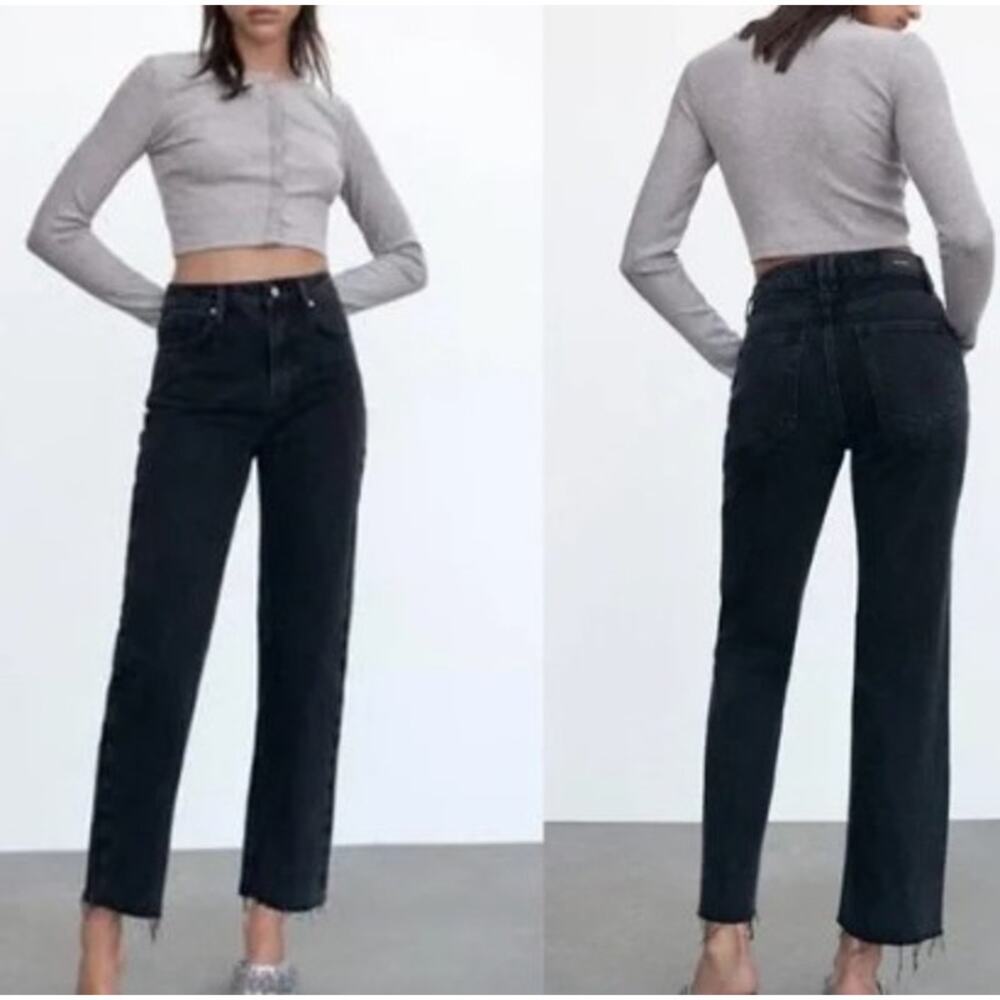 Zara High Rise Wide-Leg Raw Hem Black Jeans size 0